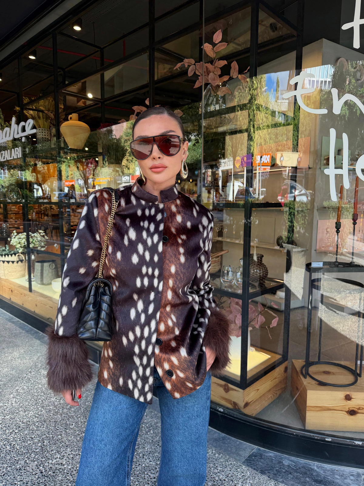 Fur Cuff Printed Jacket