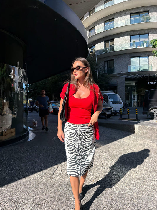 Zebra Print Zip-Front Midi Skirt