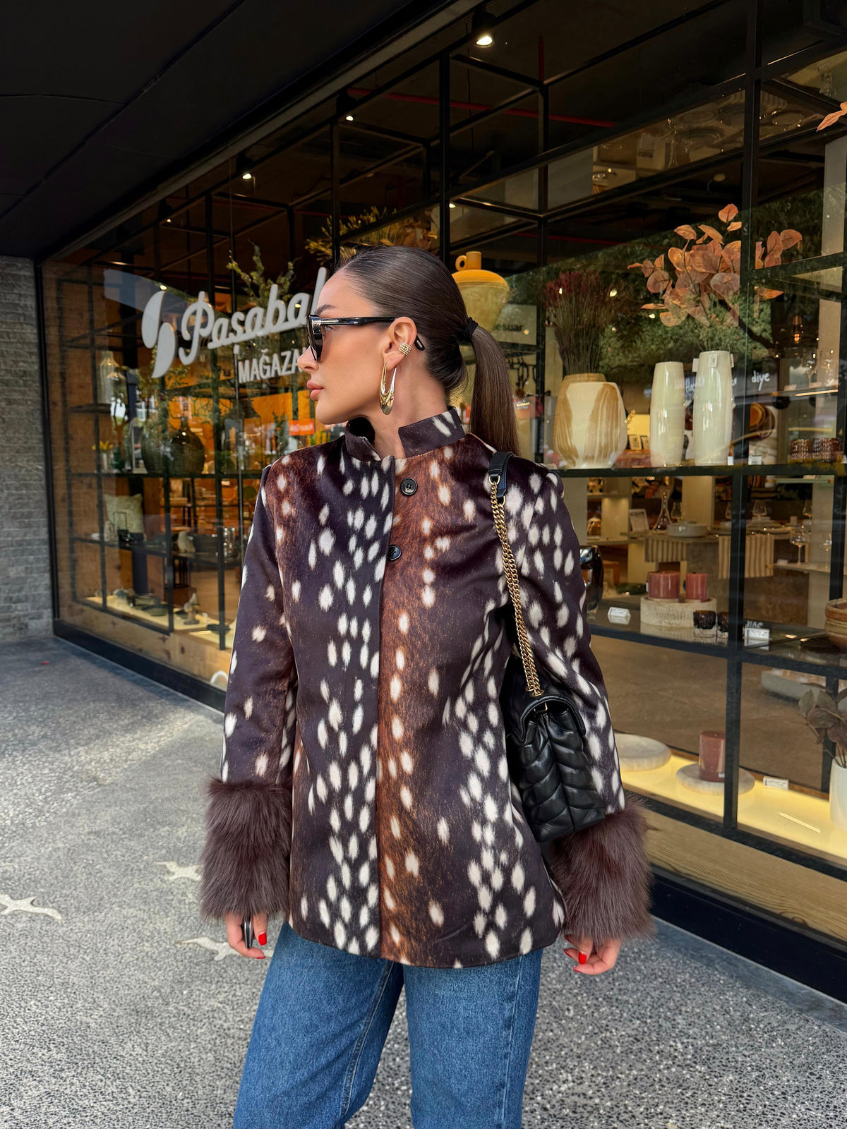 Fur Cuff Printed Jacket