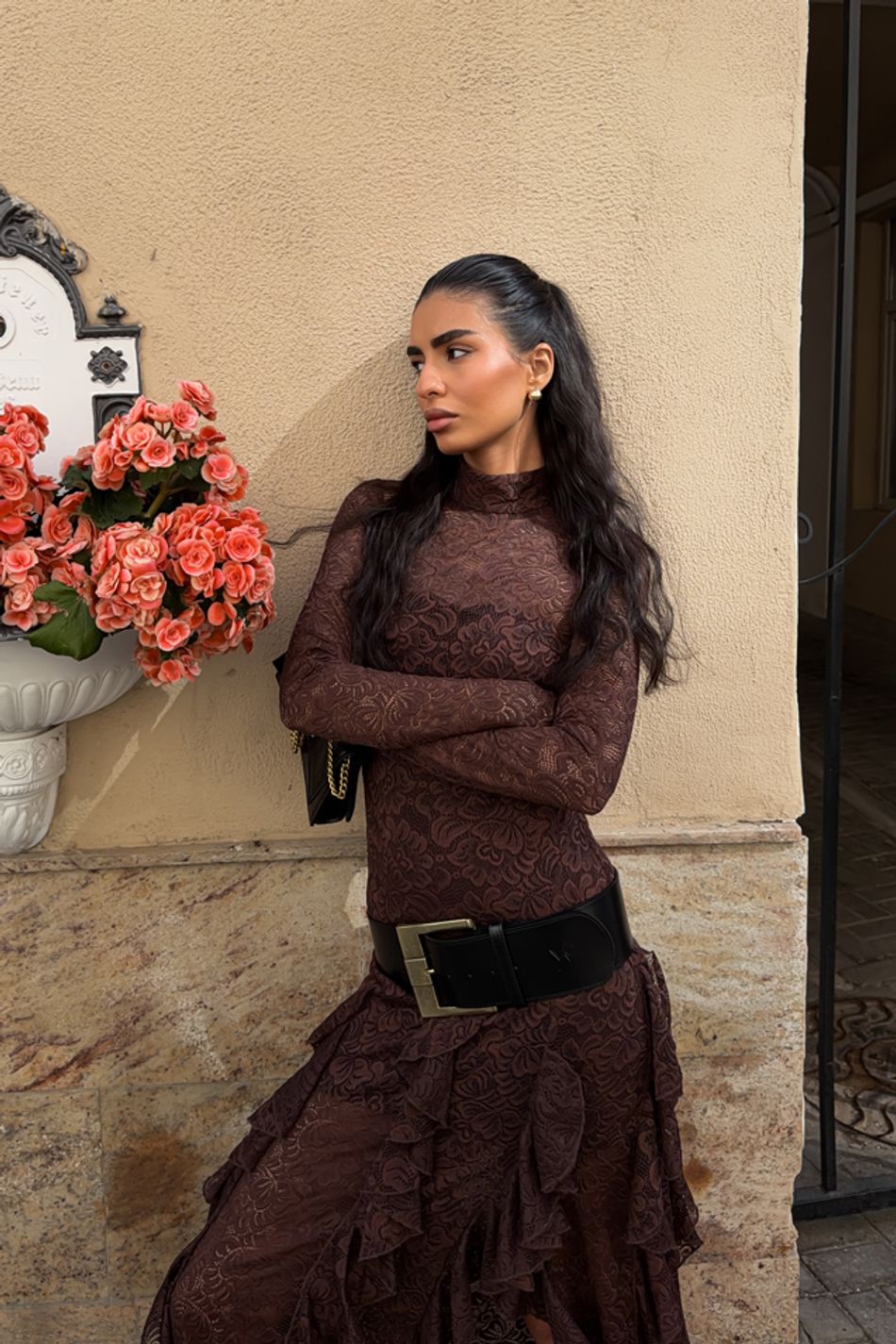 Chocolate Lace Ruffle Maxi Dress