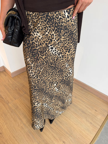 Leopard Print Satin Maxi Skirt