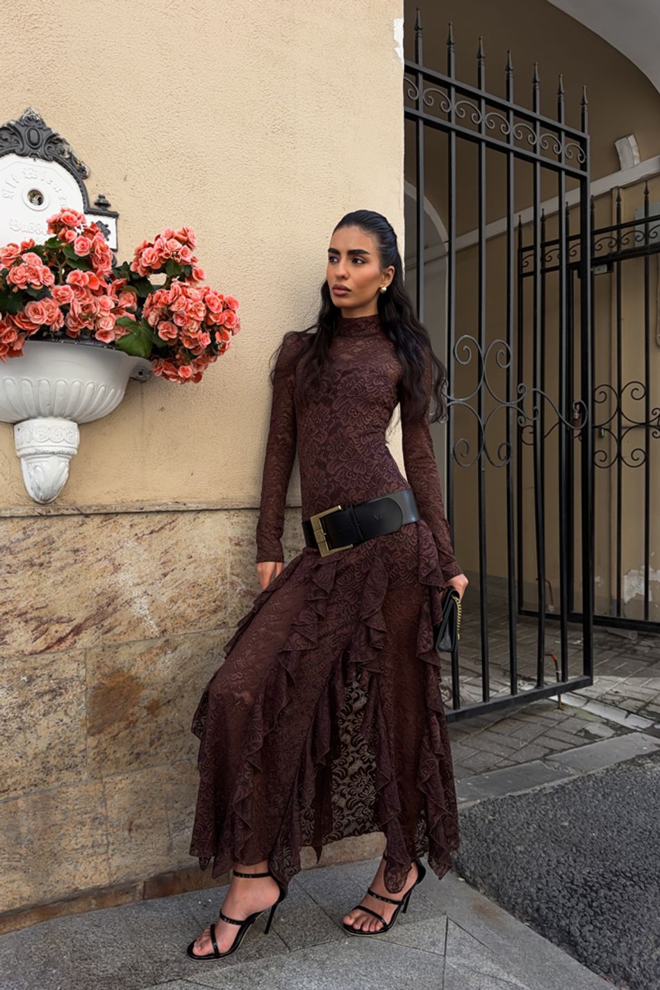 Chocolate Lace Ruffle Maxi Dress