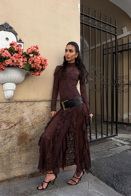 Chocolate Lace Ruffle Maxi Dress