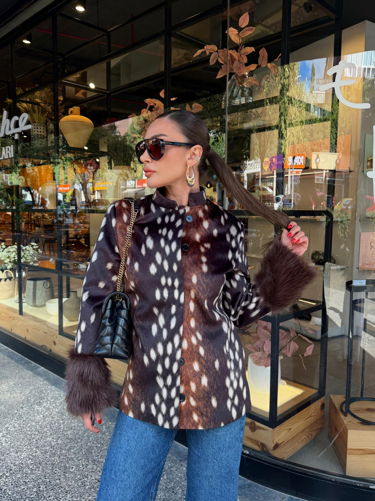 Fur Cuff Printed Jacket