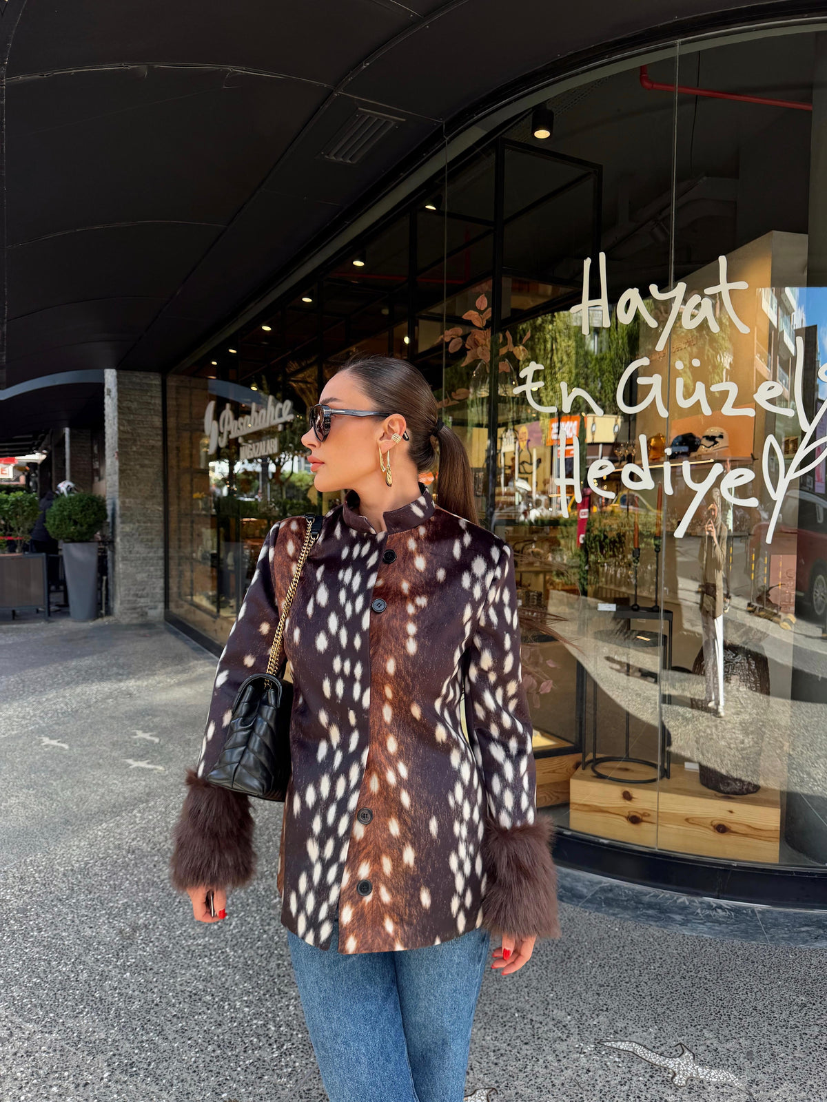 Fur Cuff Printed Jacket