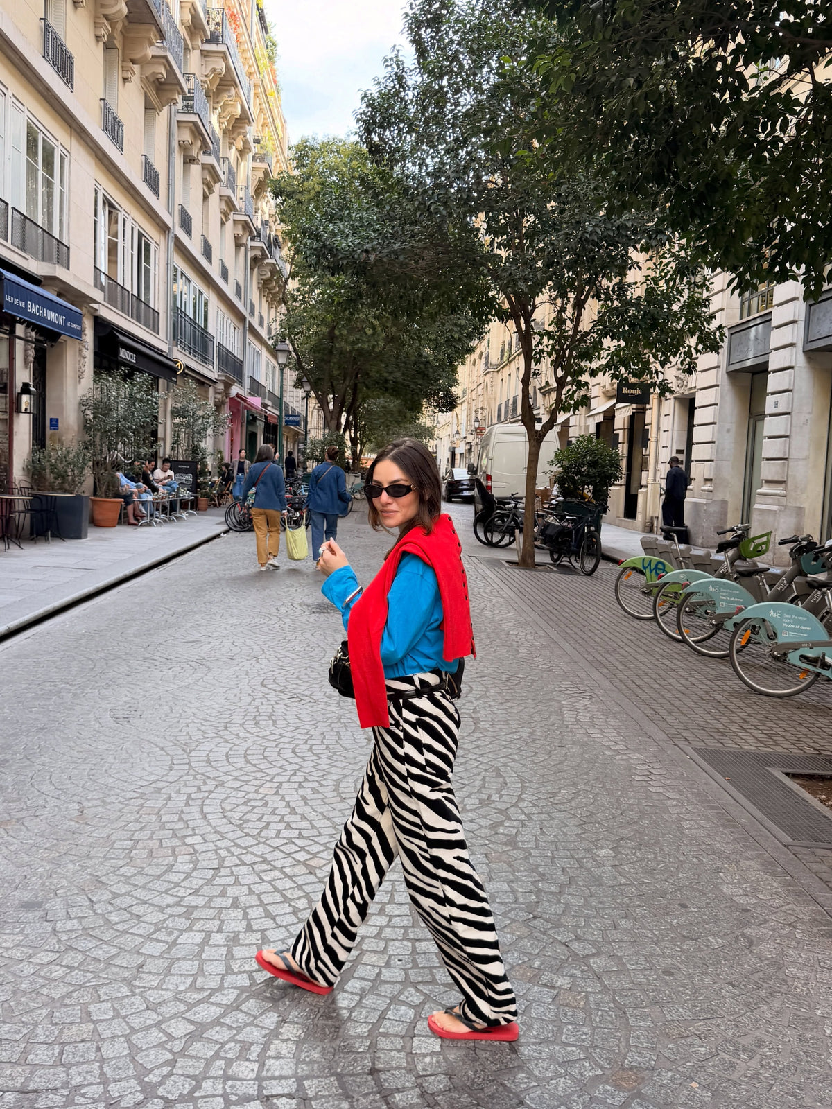 Side view of full-length zebra print wide-leg trousers
